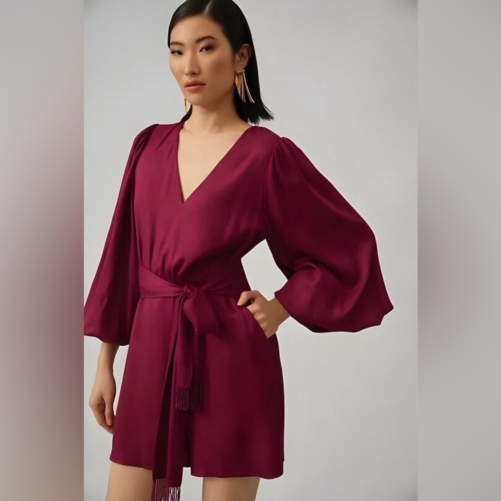 New! FARM Rio xAnthropologie Bell-Sleeve Beaded Belted Romper Burgundy Wine ♥️XS